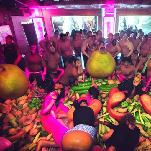 Image similar to a photo of a very weird nightclub. fat men in swimsuits and giant fruit and vegetables all over the floor.