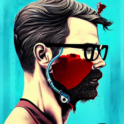 Prompt: a portrait of a man :: side profile :: oxygen mask :: blood and ocean intricate details :: glasses :: 8k :: by vikings and Sandra Chevrier