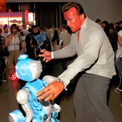 Prompt: LOS ANGELES CA, JULY 7 2025: Futuristic Robot Convention, Arnold Schwarzenegger reacts to a VERY CUTE ROBOT ASKING FOR A HUG