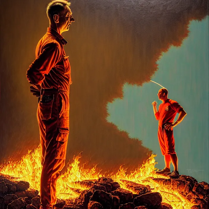 Prompt: one men burning in fire flames standing alone in suite looking on view point, piotr jablonski, norman rockwell, tim hildebrandt, mark maggiori, jeff dekal, long shot, hyperrealistic oil painting on canvas, deep depth field, cinematic composition, hyper - detailed, hdr, 8 k, 4 k