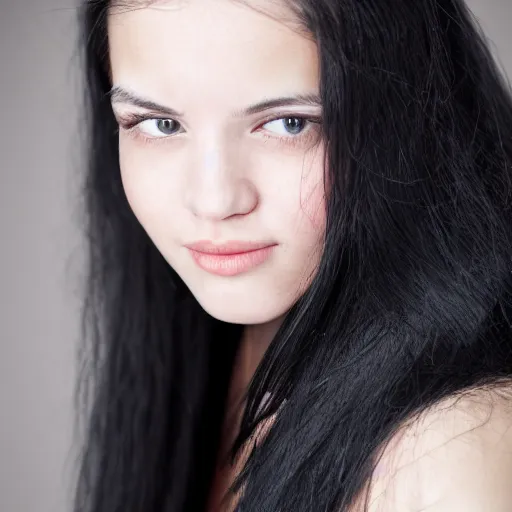 Image similar to young woman with long messy black hair, slightly smiling, 1 3 5 mm nikon portrait