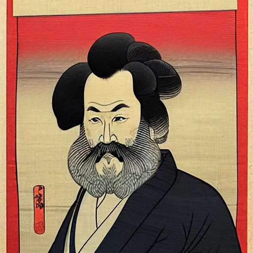 Prompt: beautiful portrait ukiyo - e painting of karl marx by kano hideyori, kano tan'yu, kaigetsudo ando, miyagawa choshun, okumura masanobu, kitagawa utamaro