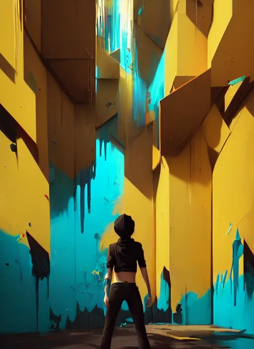 Image similar to matte painting extreme offset 3 d calligraphy graffiti mural dripping paint wall extreme maximalism by atey ghailan, by greg rutkowski, by greg tocchini, by james gilliard, by joe fenton, yellow, brown, black and cyan color scheme, octane render