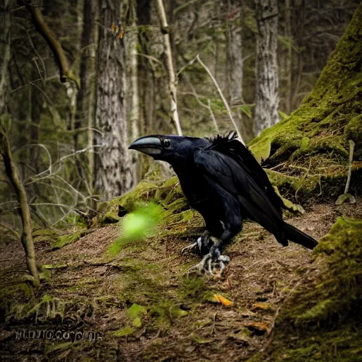 Image similar to werecreature that is a mix between human and crow, photograph captured in a forest