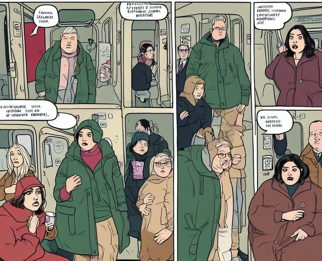 Image similar to comic panel drawn in the style of Daniel Clowes and Adrian Tomine and Gabrielle Bell, of a sad woman in a parka who looks like Aubrey Plaza, sitting near a slightly overweight friendly middle-aged German businessman in a suit, with short blond hair and mustache, in a mostly empty Chicago subway train, full-figure ¾ angle