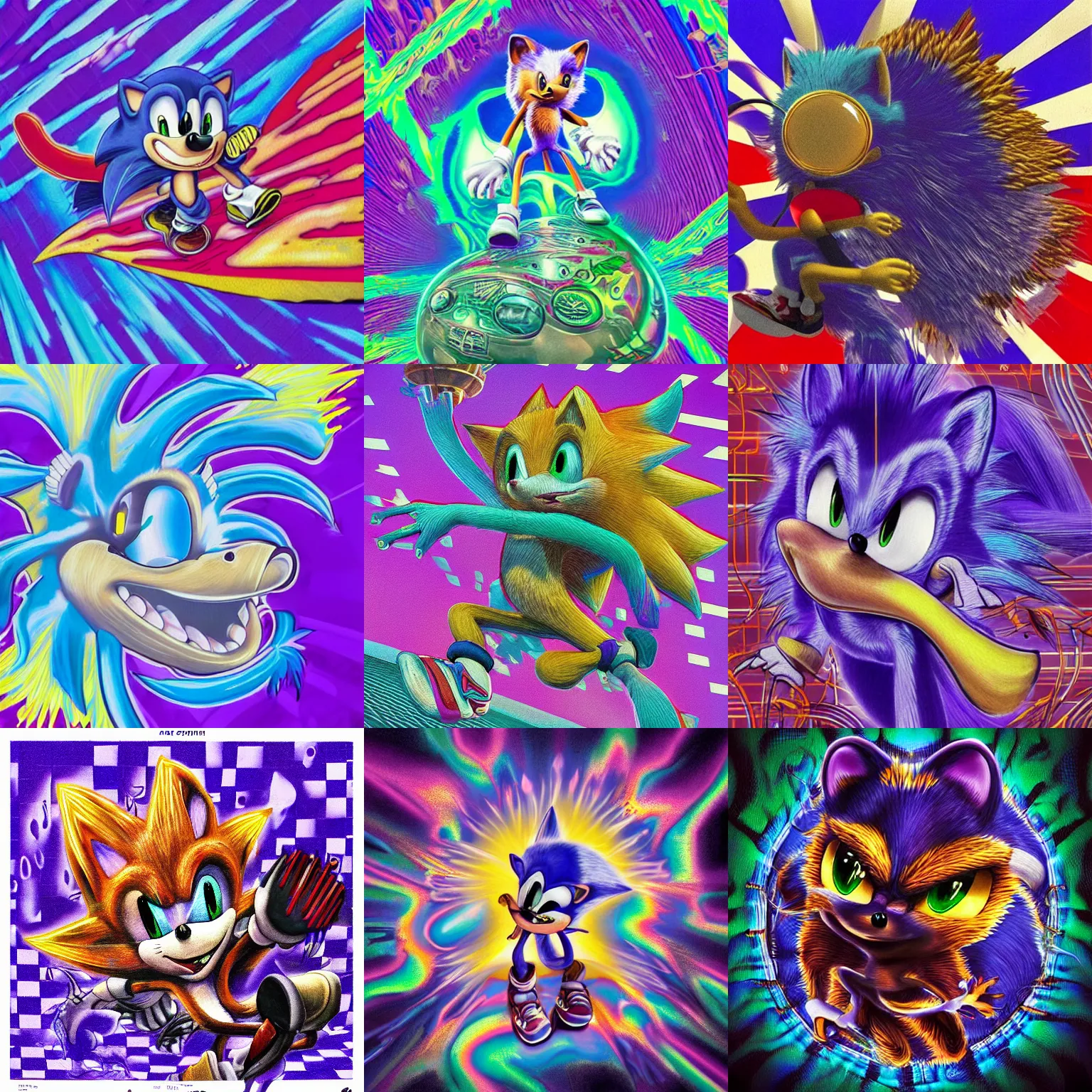 Prompt: surreal, faded, totally radical detailed professional, high quality airbrush art cover of a liquid dissolving lsd dmt sonic the hedgehog on a flat purple checkerboard plane, 1 9 9 0 s 1 9 9 2 prerendered graphics raytraced phong shaded album cover