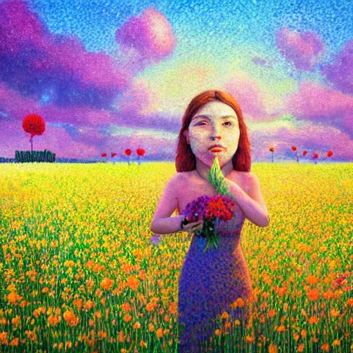 Prompt: gigantic flower head, girl standing in flower field, surreal photography, big trees, sunrise dramatic light, impressionist painting, colorful clouds, digital painting, pointillism, artstation, simon stalenhag