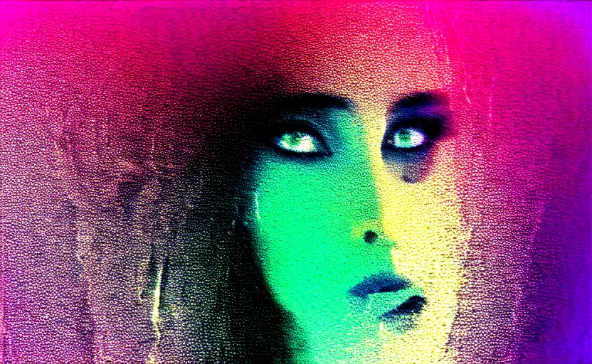 Prompt: vhs glitch art portrait of frightened woman hidden underneath a sheet, lost in static, metaphysical foggy environment, static colorful noise glitch volumetric light, by bekinski, unsettling moody vibe, vcr tape, 1 9 8 0 s analog video, vaporwave aesthetic, directed by david lynch, colorful static, datamosh, pixeled stretching