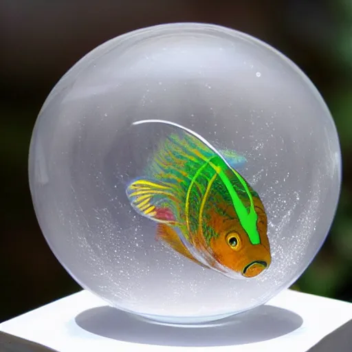 Image similar to transparent marble with a fish swimming inside of it