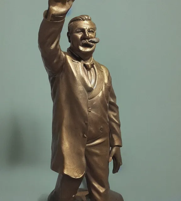 Image similar to a 4 k photorealistic photo medium shot of a bronze statue of a middle aged man with a moustache.