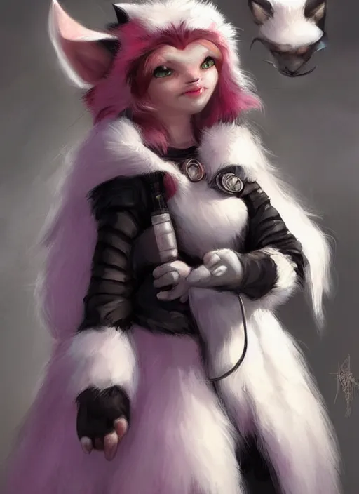 Prompt: cat white and black fur, pink nose, cute and adorable, pretty, beautiful, dnd character art portrait, 1 0 pounds, matte fantasy painting, deviantart artstation, by jason felix by steve argyle by tyler jacobson by peter mohrbacher, cinematic lighting