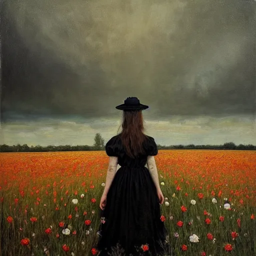 Image similar to a girl standing in a field, wearing black old dress and hat, by andrea kowch, andrea kowch style painting, dark, scene, magicrealism, flowers in background,