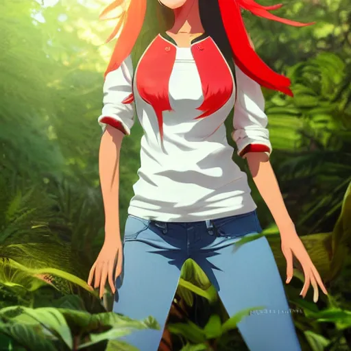 Image similar to nagatoro using white and red tight raglan sleeves, tight blue jeans and cool shoes in a tropical forest, fire hair in flames, artstation, 3 d ray tracing, octane render