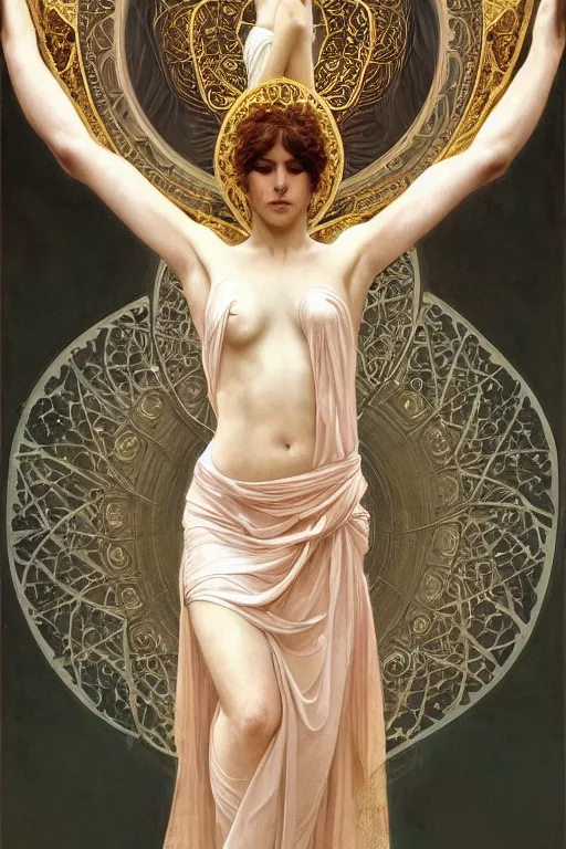 Image similar to a full body portrait of a beautiful ethereal delicate roman mage queen meditative sacral pose catholic stages of the cross, intricate, elegant, highly detailed, digital painting, artstation, concept art, smooth, sharp focus, illustration, art by krenz cushart and artem demura and alphonse mucha