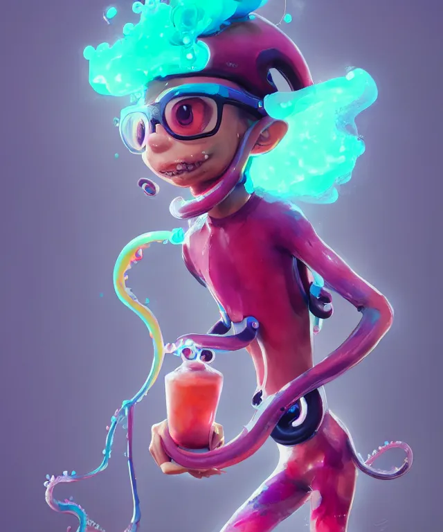 Image similar to a beautiful fullbody portrait of a cute splatoon male inkling with pink tentacle hair wearing tshirt leggings under sport shorts. character design by cory loftis, fenghua zhong, ryohei hase, ismail inceoglu and ruan jia. artstation, volumetric light, detailed, photorealistic, fantasy, rendered in octane