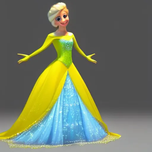 Image similar to Yellow minion from despicable me, dressed as Princess Elsa from Frozen Disney, 3d ray tracing, HD, rendered, highly detailed model