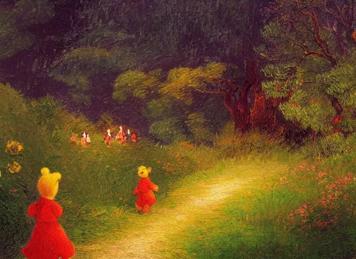 Image similar to romanticism impressionism landscape painting of winnie the pooh characters at night, night time, colorful paper lanterns, string lights, in the style of hudson river school and thomas cole and albert bierstadt and vincent van gogh