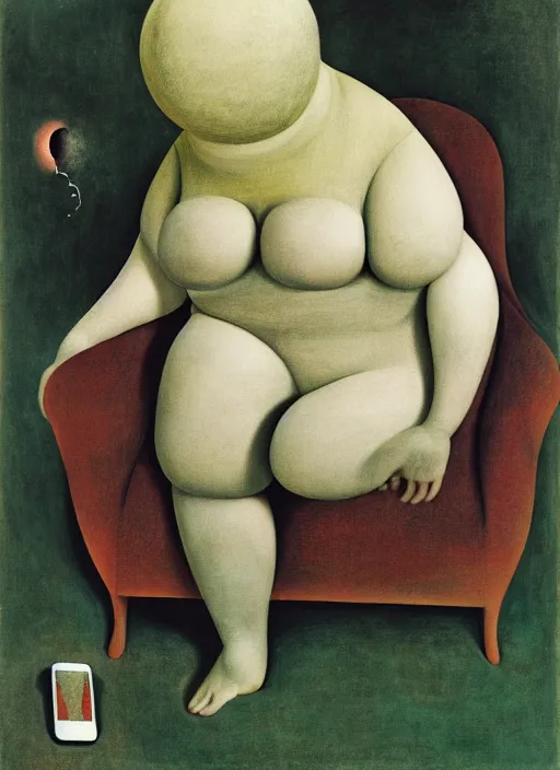 Image similar to fat monster sitting on chair looking at his smartphone, hysterical, sweat, fat, frustrated, art by gertrude abercrombie hans bellmer and william blake