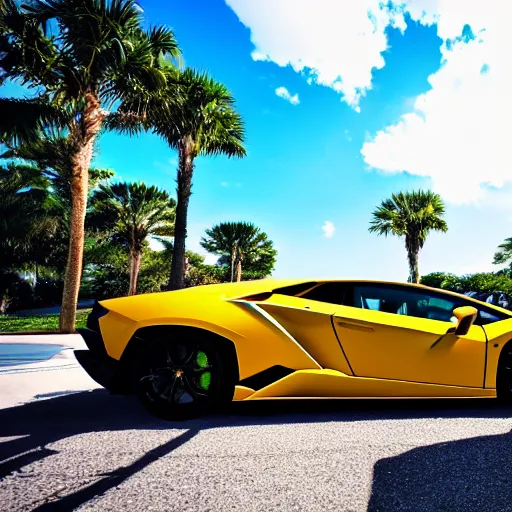 Image similar to first person lamborghini view at a sunny day in florida realistic match the lighting