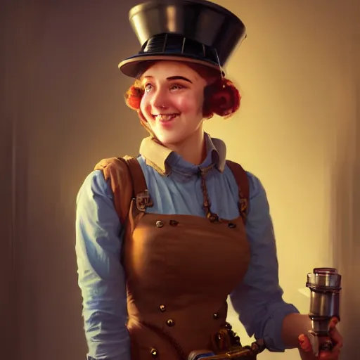 Prompt: portrait painting of a young female steampunk engineer of 2 5, bright and energetic, with a sweet smile and big breasts ， is a detective ， render cinematic lighting art 1 9 2 0 period drama by bussiere rutkowski andreas rocha
