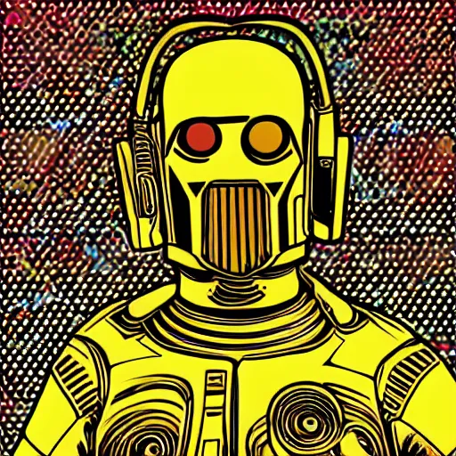 Image similar to artgerm, psychedelic laughing c 3 p 0, rocking out, headphones dj rave, digital artwork, r. crumb, svg vector