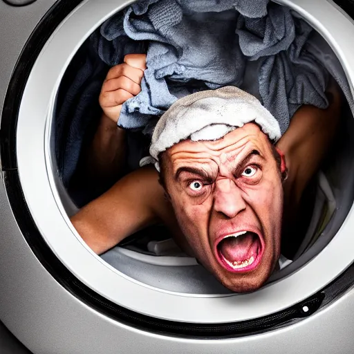 Image similar to angry furious man poking his head out of a washing machine and shouting at the camera