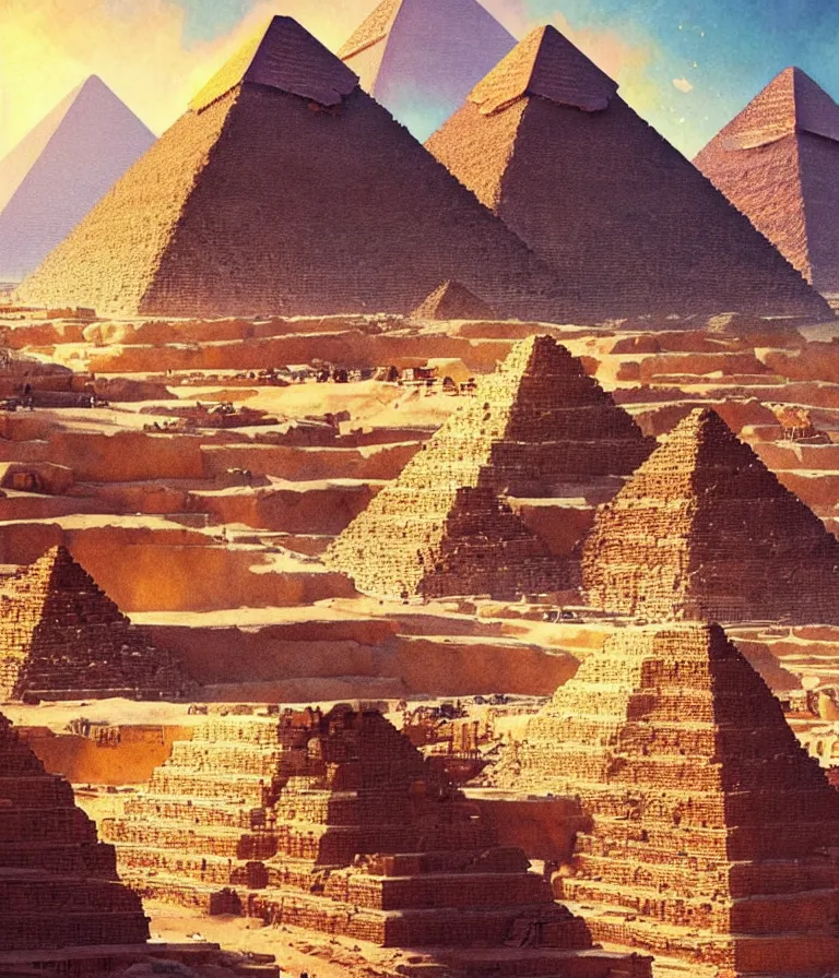 Prompt: pyramids of giza in perfect condition, concept art, stylized, intricate detail, smooth, sharp focus, colourful, arnold rendering, art by artgerm and greg rutkowski and alphonse mucha,