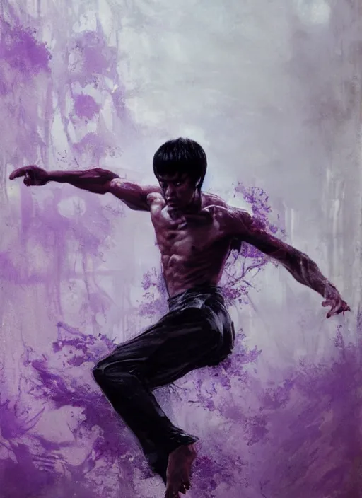 Image similar to bruce lee emerging from purple and black water by greg rutkowski, claude monet, conrad roset, takato yomamoto, rule of thirds, sigma look, beautiful