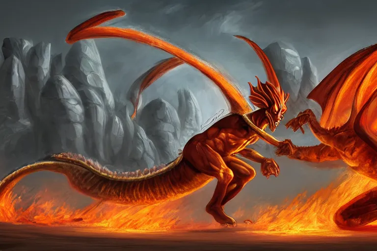 Prompt: a sphinx fighting a flaming dragon, low angle, digital painting, dynamic, trending on artstation
