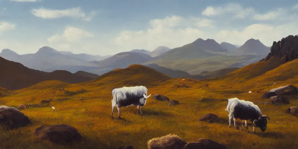 Prompt: painting of rocky highlands with goats grazing in the distance