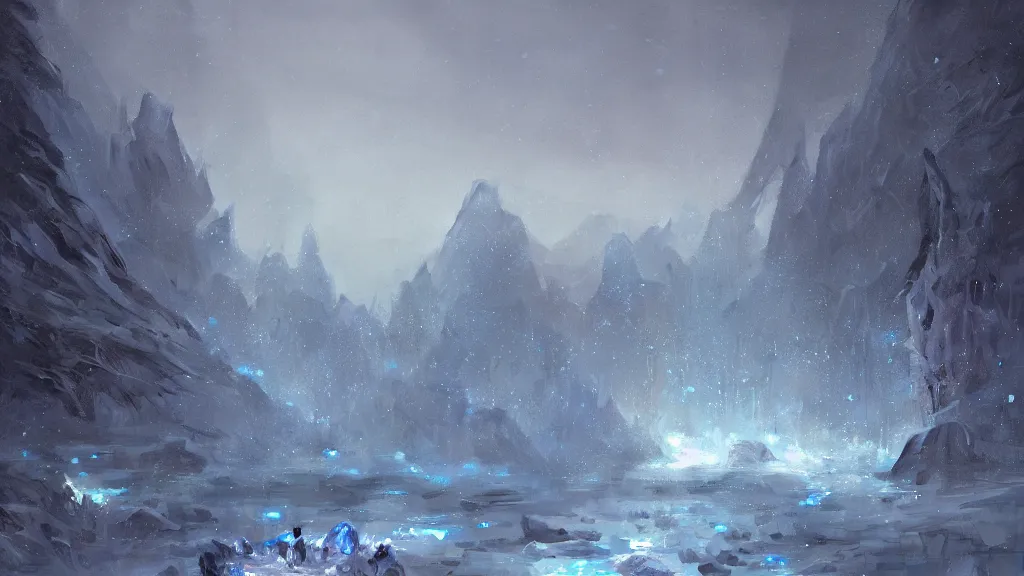Prompt: An icey tundra covered in in large glowing blue crystal shards and veins, by greg rutkowski and thomas kinkade, ambient light, ultra detailed, 8k, very very very very very very beautiful, trending on artstation, award winning, beautiful scenery.