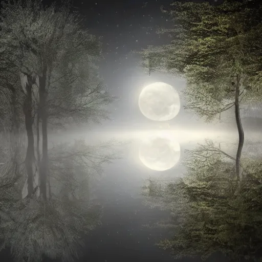 Prompt: a girl sits on the roots of an ancient tree looking at the reflection of the moon in a pond, the moon can be glimpsed through the trees, towering forest veiled by fog, dark fantasy, night time, realistic painting