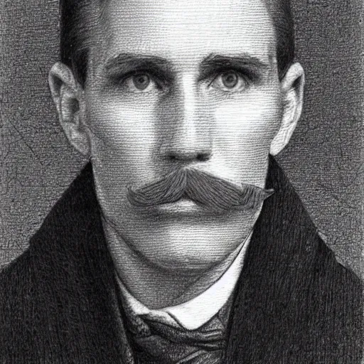 Image similar to A crosshatched portrait drawing of Jerma985 with a pyramidal mustache in the mid-late 1800s, cross haching, crosshatching, mid-late 1800s, grainy, realistic, hyperrealistic, very realistic, highly detailed, very detailed, extremely detailed, detailed, trending on artstation