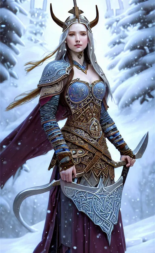 Image similar to opal viking warrior, regal, elegant, winter, snow, beautiful, stunning, hd, illustration, epic, d & d, fantasy, intricate, elegant, highly detailed, wide angle, digital painting, artstation, concept art, smooth, sharp focus, illustration, wallpaper, art by artgerm and greg rutkowski and alphonse mucha and jin xiaodi