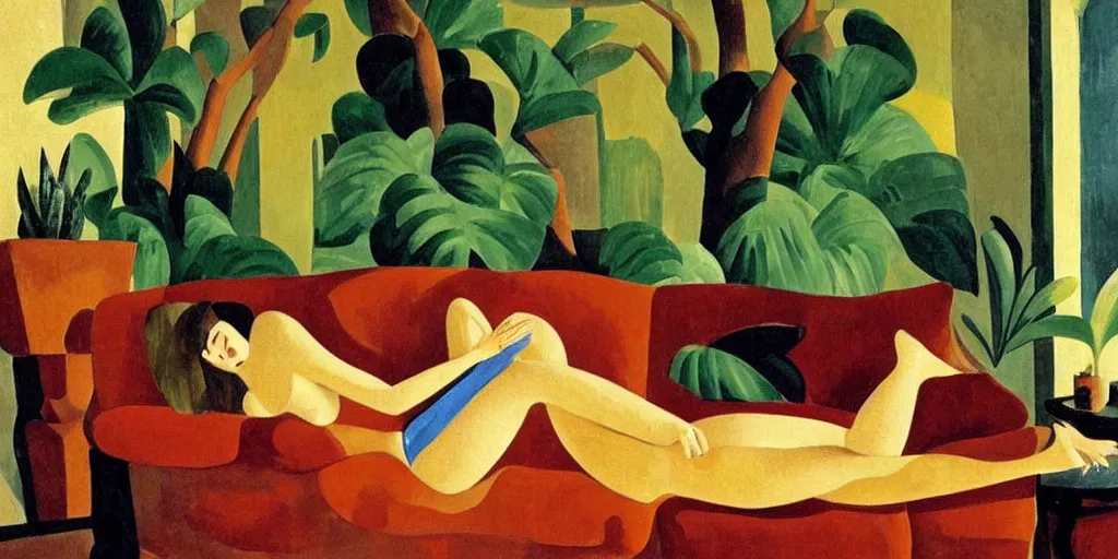 Prompt: A cozy, warm living room, bathed in golden light, with many tropical plants and succulents, a figure is resting on an old couch, highly relaxing, sunday afternoon, living the good life, at peace, by André Derain