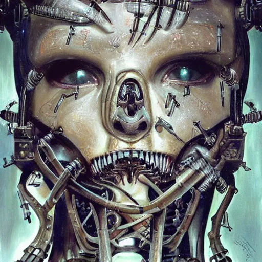 Image similar to britney spears encased in biomechanical machine, heavy conduits, complex scene, rich composition, heavy in detail, evil, corruption, decay, grime, smooth, sharp focus, airbrush, illustration, symmetrical, portrait, art by h. r. giger