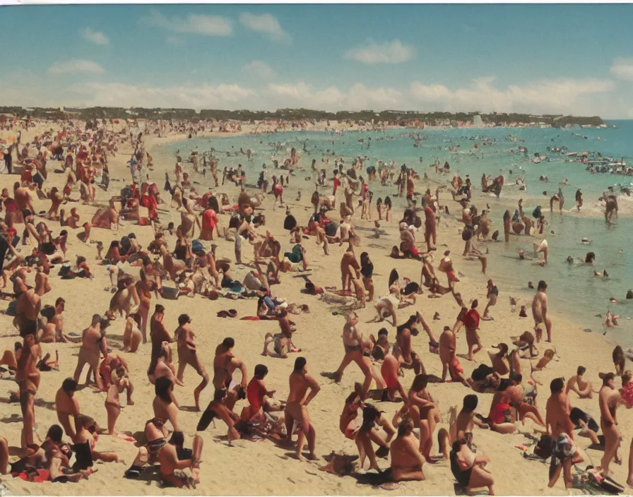 Image similar to crowded spanish holiday beach, an obese grey woman ten feet tall with giant crab claws emerging from the sea, david curtis, rick berry, alex horley, character art arstation, colour polariod photo