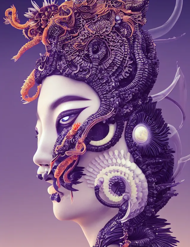 Image similar to 3 d goddess close - up profile portrait with crown, ram skull. beautiful intricately detailed japanese crow kitsune mask and clasical japanese kimono. betta fish, jellyfish phoenix, bio luminescent, plasma, ice, water, wind, creature, artwork by tooth wu and wlop and beeple and greg rutkowski