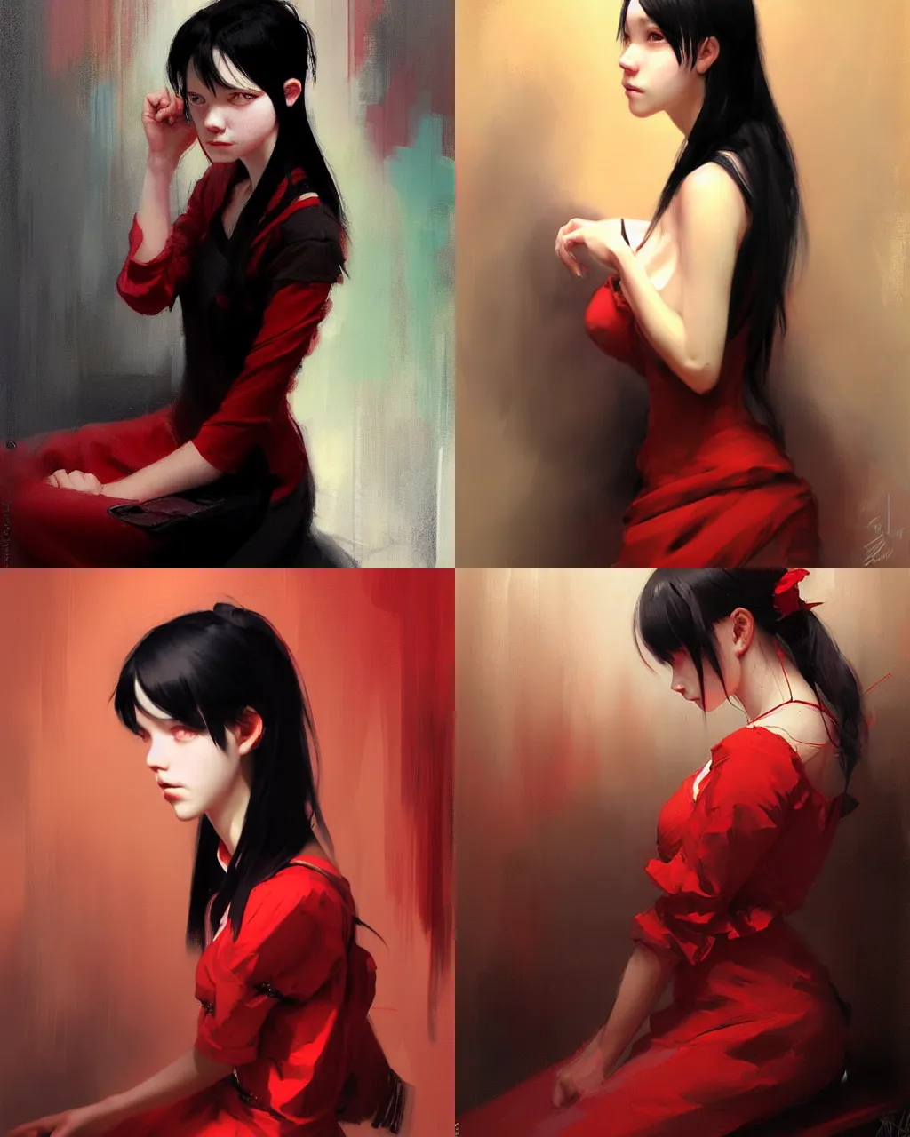 Prompt: girl with black hair and red dress, portrait, be in a poor light, by wenjun lin an krenz cushart, wide angle