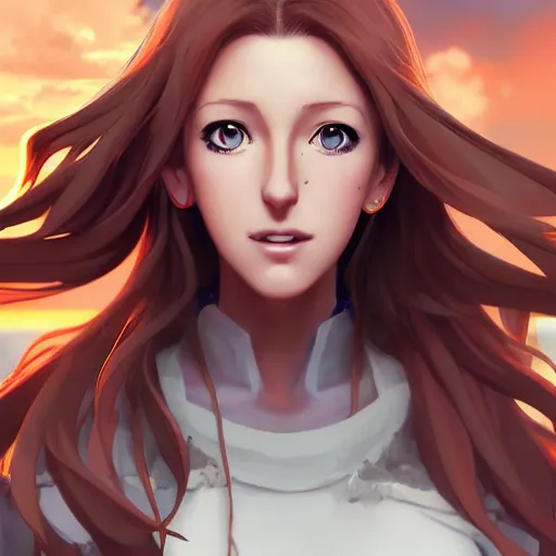 Image similar to anime portrait of blake lively as an anime girl by Stanley Artgerm Lau, WLOP, Rossdraws, James Jean, Andrei Riabovitchev, Marc Simonetti, and Sakimichan, trending on artstation