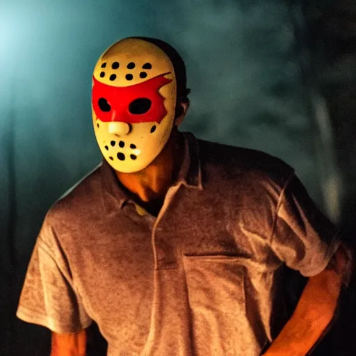 Prompt: jason from friday 1 3 in a hokey mask and with machette in his hand, dramatic lighting.