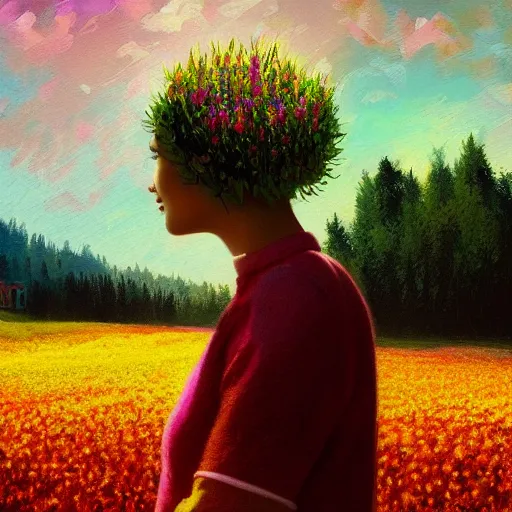 Image similar to girl with an blooming flower face, surreal photography, dream, standing in flower field, hills, valley, forest, sunrise dramatic light, impressionist painting, colorful clouds, digital painting, pointillism, artstation, simon stalenhag