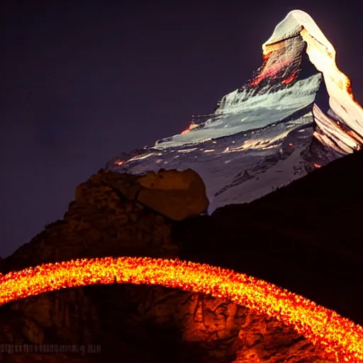 Image similar to an epic photo at nighttime of the matterhorn in the colors of indian flag, projection, illuminated on the matterhorn mountain at night