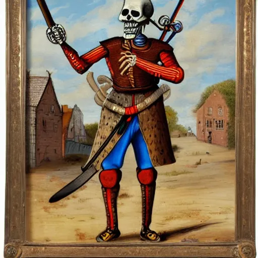 Image similar to skeleton in a colourful landsknechts uniform, wielding a sword, rennaissance painting