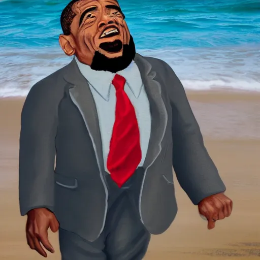 Image similar to dwarf Barak Obama on the beach, artistic, 8k, dramatic lighting