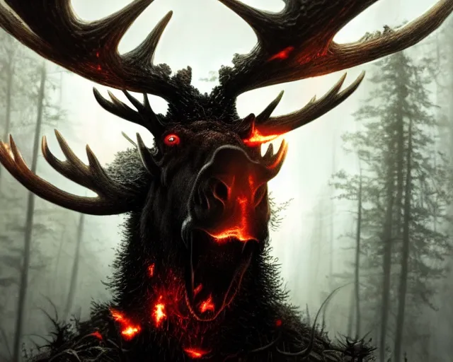 Image similar to 5 5 mm close up portrait photo of an armored demonic burning moose with red eyes and antlers and looking at the camera, in a magical forest. dark atmosphere. art by greg rutkowski and luis royo. highly detailed 8 k. intricate. lifelike. soft light. nikon d 8 5 0.