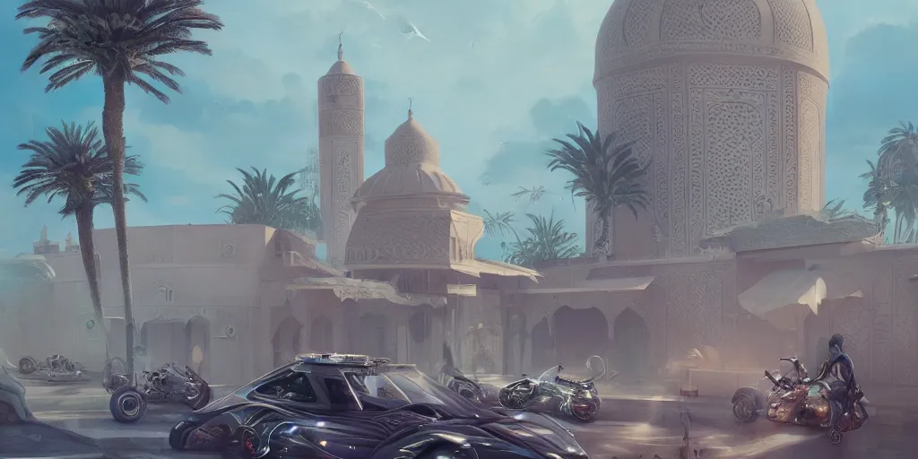 Image similar to Futuristic Marrakech, palm trees, Flying vehicles ,Moroccan mosque ,WLOP, James Jean, tom bagshaw, rococo, trending on artstation, fantasy, intricate, elegant, highly detailed, digital painting, concept art, smooth, illustration, cinematic lighting, hyper realism, octane render, 8k, hyper detailed.