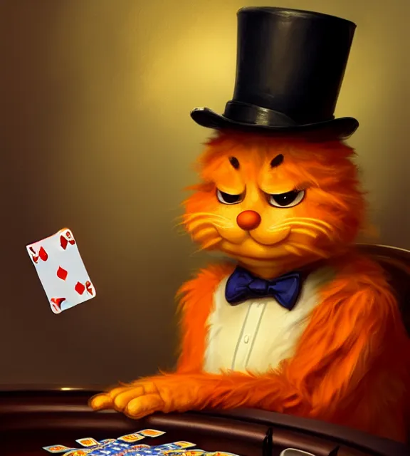 Prompt: cute anthropomorphic garfield playing poker with john, smiling, perfect face, orange fur, top hat, cinematic, elegant, highly detailed, psychedelic, digital painting, artstation, smooth, hard focus, illustration, art by jessica rossier and and brian froud