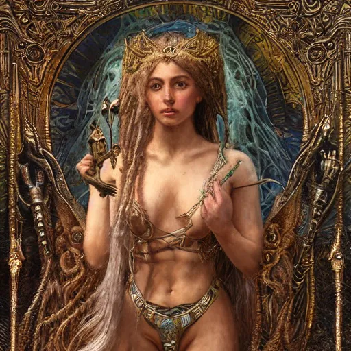 Image similar to intricate detail, hyper detail, by gaston bussiere, bayard wu, greg rutkowski, h. r. giger, greg rutkowski, sandro botticelli, lady of elche, techno mystic goddess princess intergalactica, goddess inanna, ashteroth, with aqua rapunzel dreadlocks, mami wata, detailed, masterpiece, sharp focus,