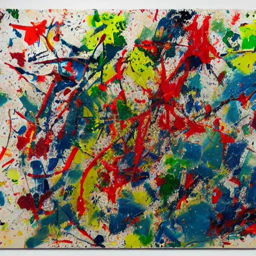 Prompt: a painting with lots of paint splattered on it, an abstract painting by pollock, pixiv, gutai group, artwork, academic art, official art